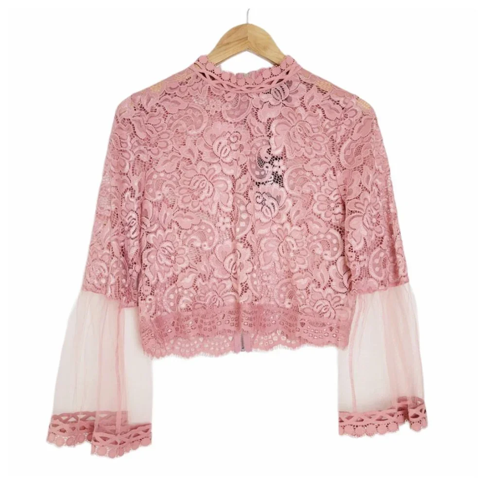 Love University Crop Top Blush Rose Sheer Lace Bell Sleeve Mock Neck Zip Back - Picture 12 of 12